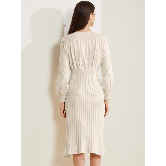 Women's Ribbed Knit Midi Dress Crew Neck Pleated Bishop Sleeve Casual - Picture 4 of 5